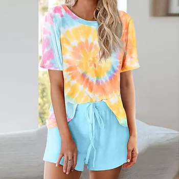 

Rainbow Multicolor Gradient Pajama Set Women's Short Sleeve Tie-Dye Top Shorts 2 Piece Outfits pyjama femme pizama damska