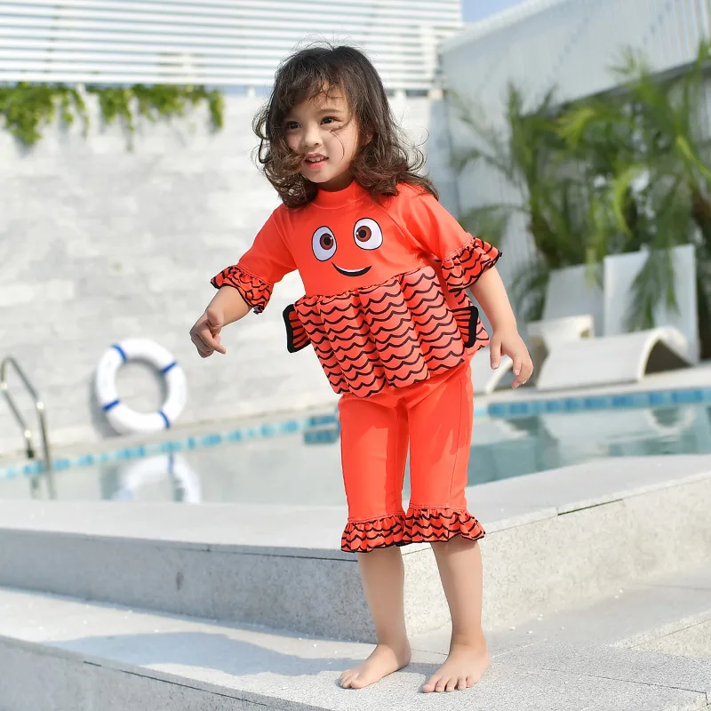 

2018 New Style One-piece One-Piece Send Swimming Cap Zipper Crew Neck Cartoon Deconstructable Girls CHILDREN'S Buoyancy Swimsuit