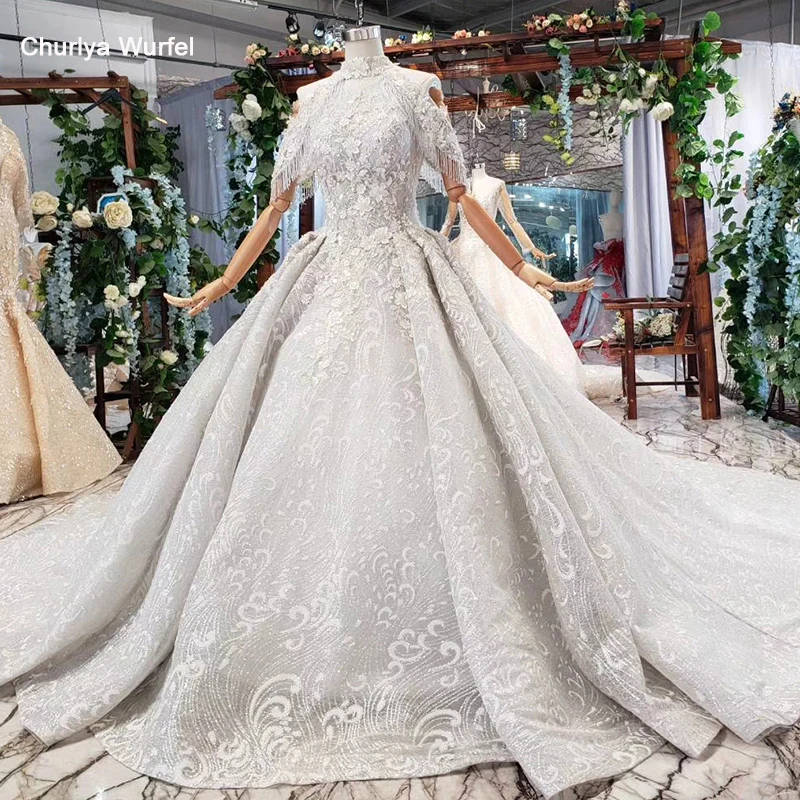 

HTL691 ball gown evening dress with train high collar chain appliques beading luxury long prom dresses plus size vestiti da sera