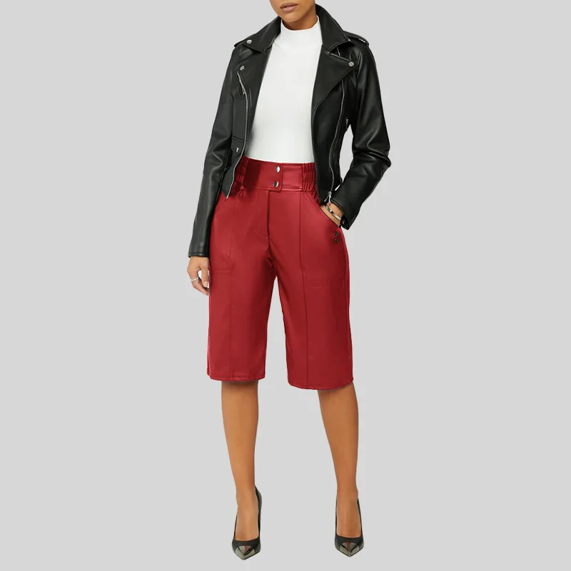 biker shorts women New Design Women Knee Length Leather Pant Casual Solid PU Sexy Office Trousers For Women Capris leather shorts