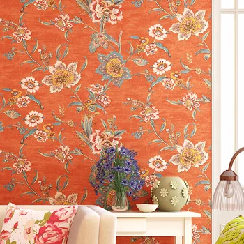

American style retro wallpaper, pure wallpaper, orange, red, garden, flowers, bedroom, living room, luxury TV background