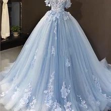 Очаровательное сияние голубое праздничное платье с открытыми плечами спинки развертки поезд кружевные аппликации выпускного вечера вечерние платья для сладких 15