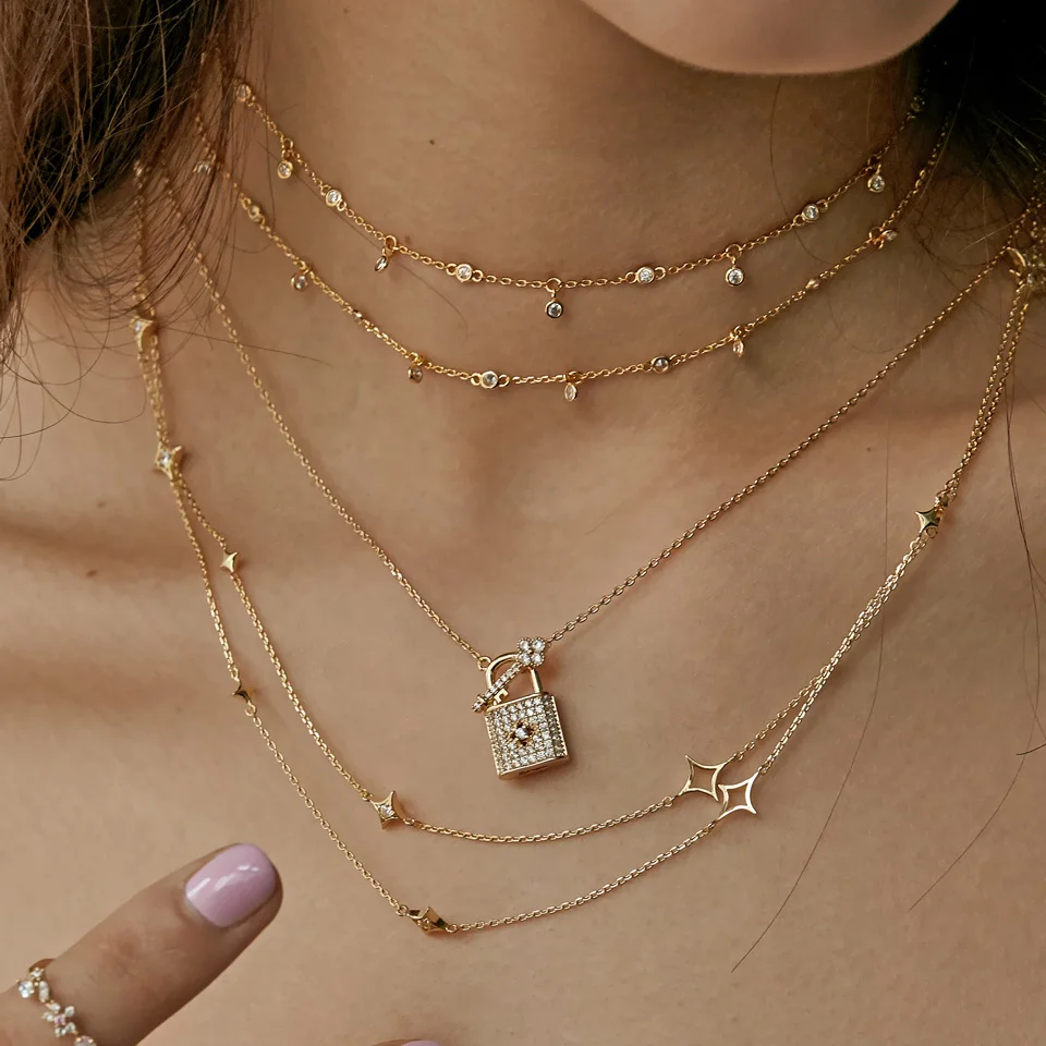 Классические Модные женские ювелирные изделия золотой и серебряный цвета микро проложить белый cz замок и ключ кулон ожерелье