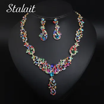 

New Design Multicolor Full Zircon Crystal Flower Pattern Wave Gold Color Necklace Earrings Jewelry Sets For Women Party Gifts