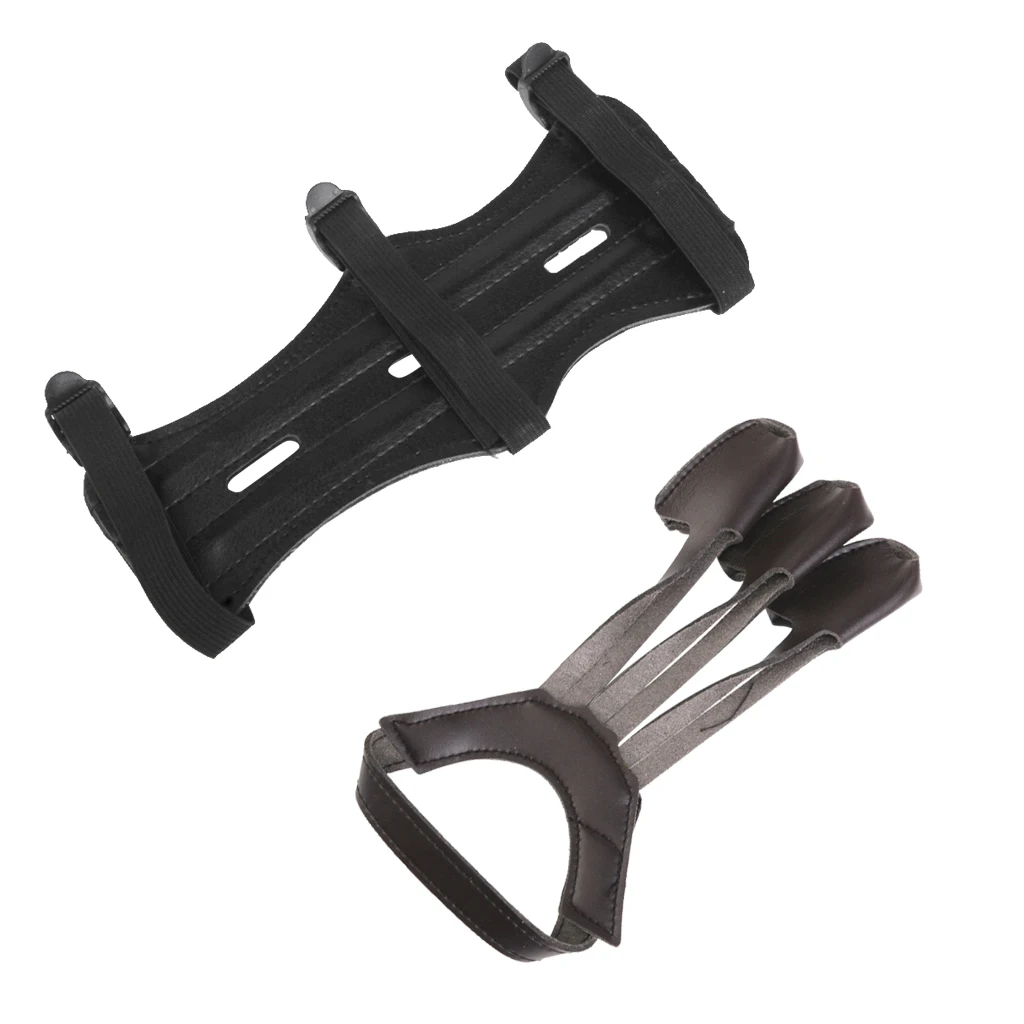 Archery Adjustable Elastic 3-Straps Artificial Leather Arm Guard & 3-fingers Protection Glove