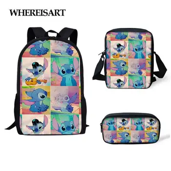 

WHEREISART 3PCs/Set Children's School Backpack Lilo Stitch Kids School Bags Cartoon Animal Design Teenagers Book-Bags Set New