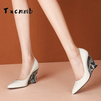 

Handemade Pumps Women Concise High Heel Pointed Toe Sheepskin Wedges Heel Fashion Pumps Mature Shoes