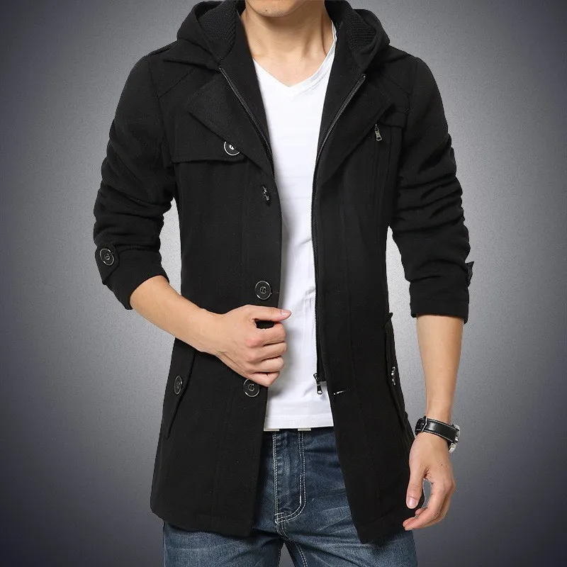 Brand New Mens Long Sleeve Single Breasted Stand Collar Hooded Coats Fashion Solid Sashes Slim Fit Medium Length Woolen Coats Brand New Mens Long Sleeve Single Breasted Stand Collar Hooded Coats Fashion Solid Sashes Slim Fit Medium Length Woolen Coats