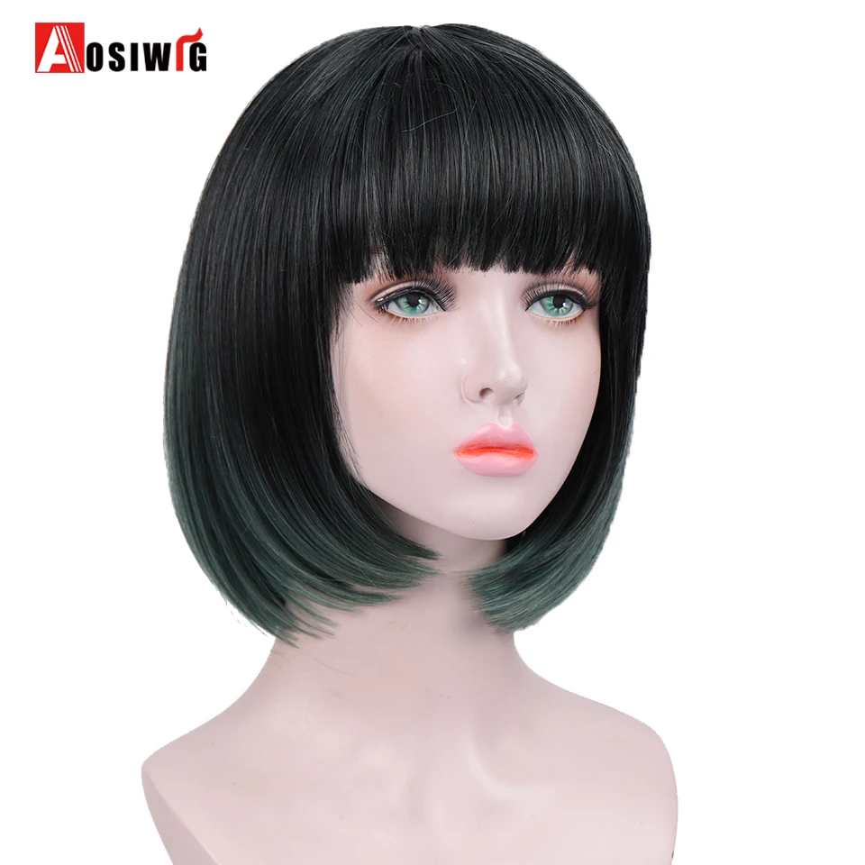 

AOSI Straight Mix Green Synthetic Wigs With Bangs For Women Short Hair Bob Cosplay Wig Heat Resistant bobo Hairstyle