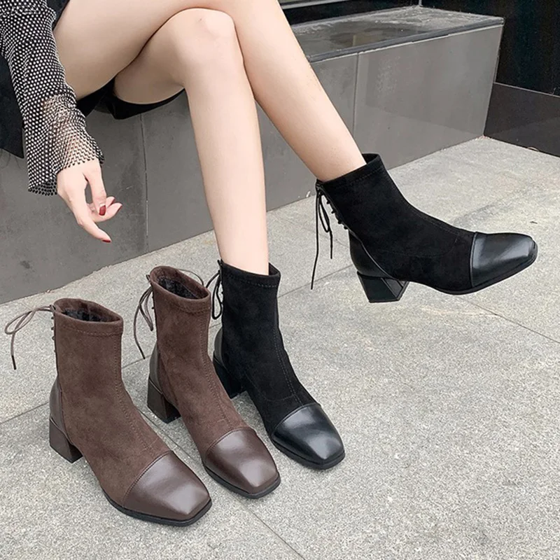 

Brand Women's Shoes Round Toe Winter Boots Lady Booties Ladies Low Heels booties Lace Up Boots-women Fashion 2020 Rubber Mid