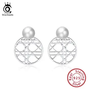 

ORSA JEWELS Genuine 925 Sterling Silver Women Simulated Pearl Round Earrings Irregular Hollow Fashion Earrings Jewelry SE159