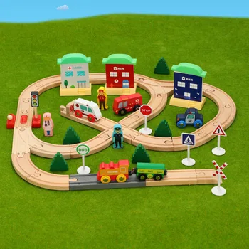 

Wooden Train Track Set Kids Wooden Railway Puzzle Slot Transit Wood Rail Transit Wood Train Railway Electric Toy Trains for Kids
