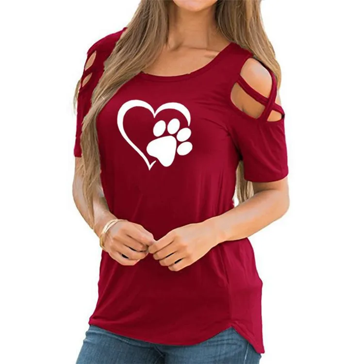 

2019 new fashion round collar love printing cat printing short sleeved open shoulder t shirt