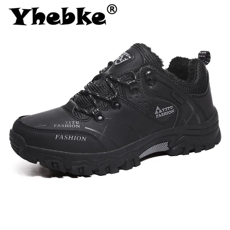 Yhebke/Брендовые мужские зимние ботинки; теплые супер-мужские кожаные кроссовки высокого качества; мужские походные ботинки; обувь; Размер 39-47; черный цвет