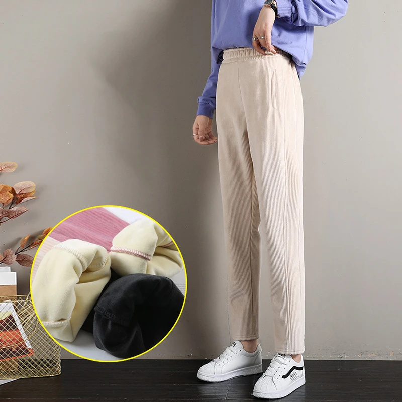 Beige Женские штаны из овечьей шерсти, повседневные утолщенные вельветовые штаны, зима, штаны с высокой талией, черные, розовые, женские свободные штаны - Цвет: Beige