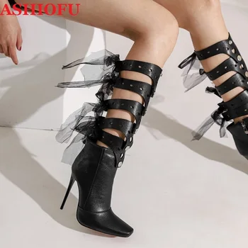 

ASHIOFU New Real Photos Ladies High Heels Boots Five-Buckles Sexy Night-club Party Shoes Large Size Evening Fashion Winter Boots