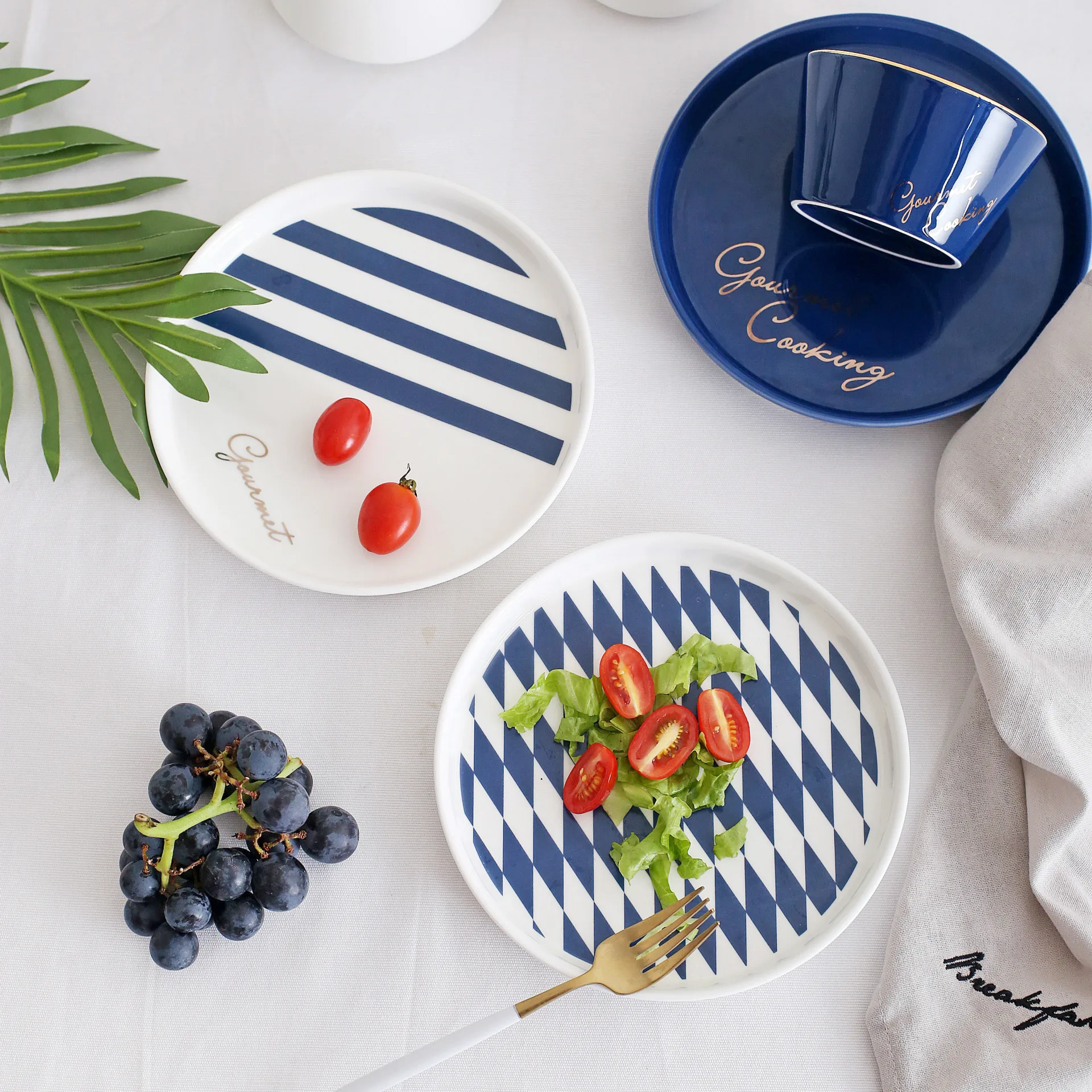 Ceramic Golden Edge Plate Salad Dessert Western Plate Baking Plate Blue