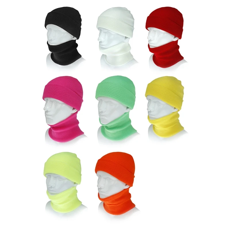 

Unisex Winter Knit Warm Neon Solid Color 2Pcs Cuffed Beanie Hat Circle Scarf Set U4LF