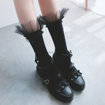

Women Ribbed Knit Cotton Crew Socks Sweet Ruffles Mesh Top Bowknot Decor Preppy Style Student Lolita Mid Tube Hosiery