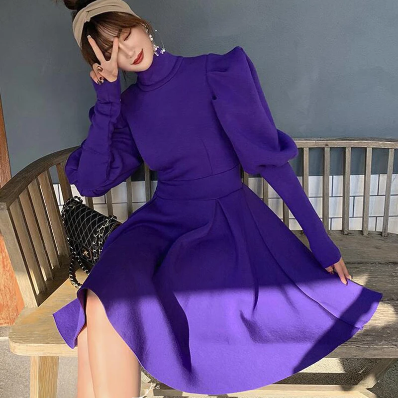 Skup TWOTWINSTYLE eleganckie sukienki dla kobiet golf Puff z długim rękawem wysokiej talii Ruffles Slim damska sukienka 2019 modna odzież