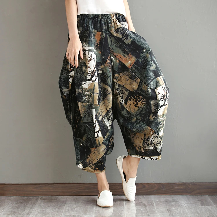 style 01 Повседневные винтажные широкие хлопчатобумажные шорты с принтом больших размеров, женские эластичные шорты-шаровары с высокой талией, широкие брюки - Цвет: style 01