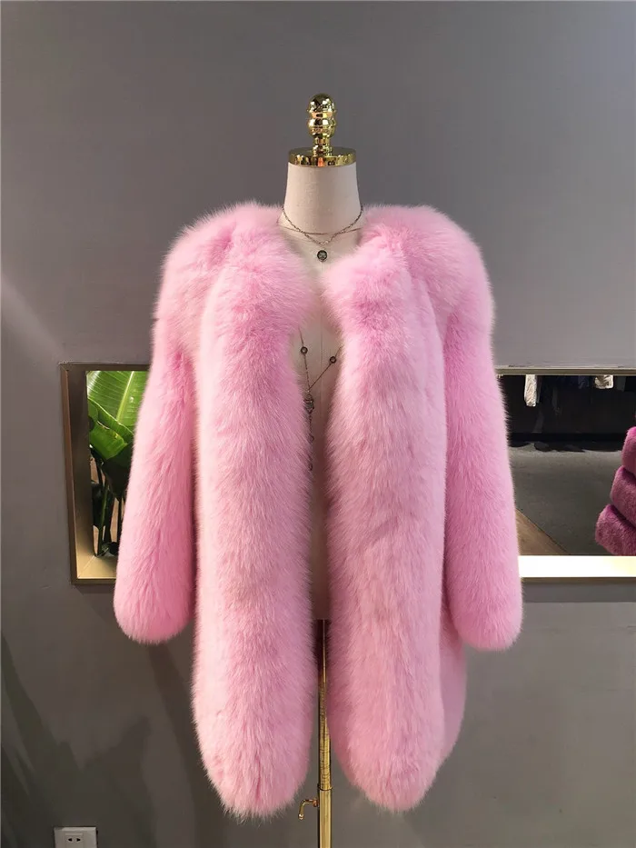 Розовый Abbigliamento donna autunno inverno длина 77 см Женская куртка из натурального меха Красной лисы зимнее плотное мягкое теплое пальто из натурального меха лисы - Цвет: Розовый