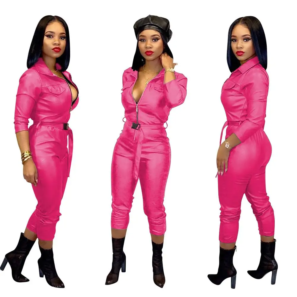 Adogirl Fashion Sexy Women PU Leather Jumpsuit Front Zipper Long Sleeve Skinny Romper with Adjustable Belt Female Club Overalls - Цвет: rosy jumpsuit