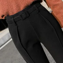 Черные шерстяные осенние зимние женские штаны с высокой талией, плотные корейские повседневные шаровары, женские брюки размера плюс, уличная одежда