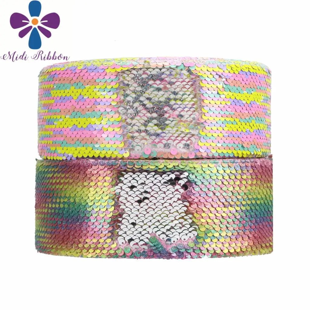 

3"75mm Reversible Sequin Rainbow Glitter Rainbow to Hologram Silver DIY Wedding Party Decor Hair Bowknows Making 25yards/roll