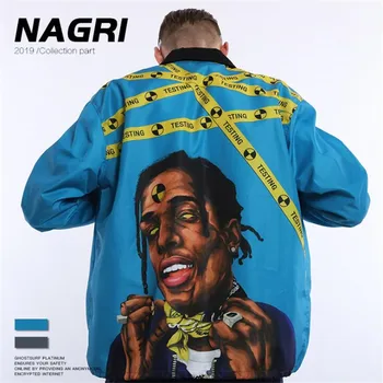 

NAGRI Rap Music Printed Cargo Jacket Men String Hemline Men's Jacket Windbreak Street Jackets Men Outwear Clothing