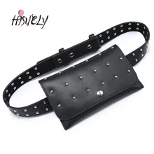 HISUELY, женская сумка на пояс с заклепками, Женские кошельки из искусственной кожи, мини-сумки, полосатые закрылки, женский ремень для путешествий, держатель для денег, черный цвет