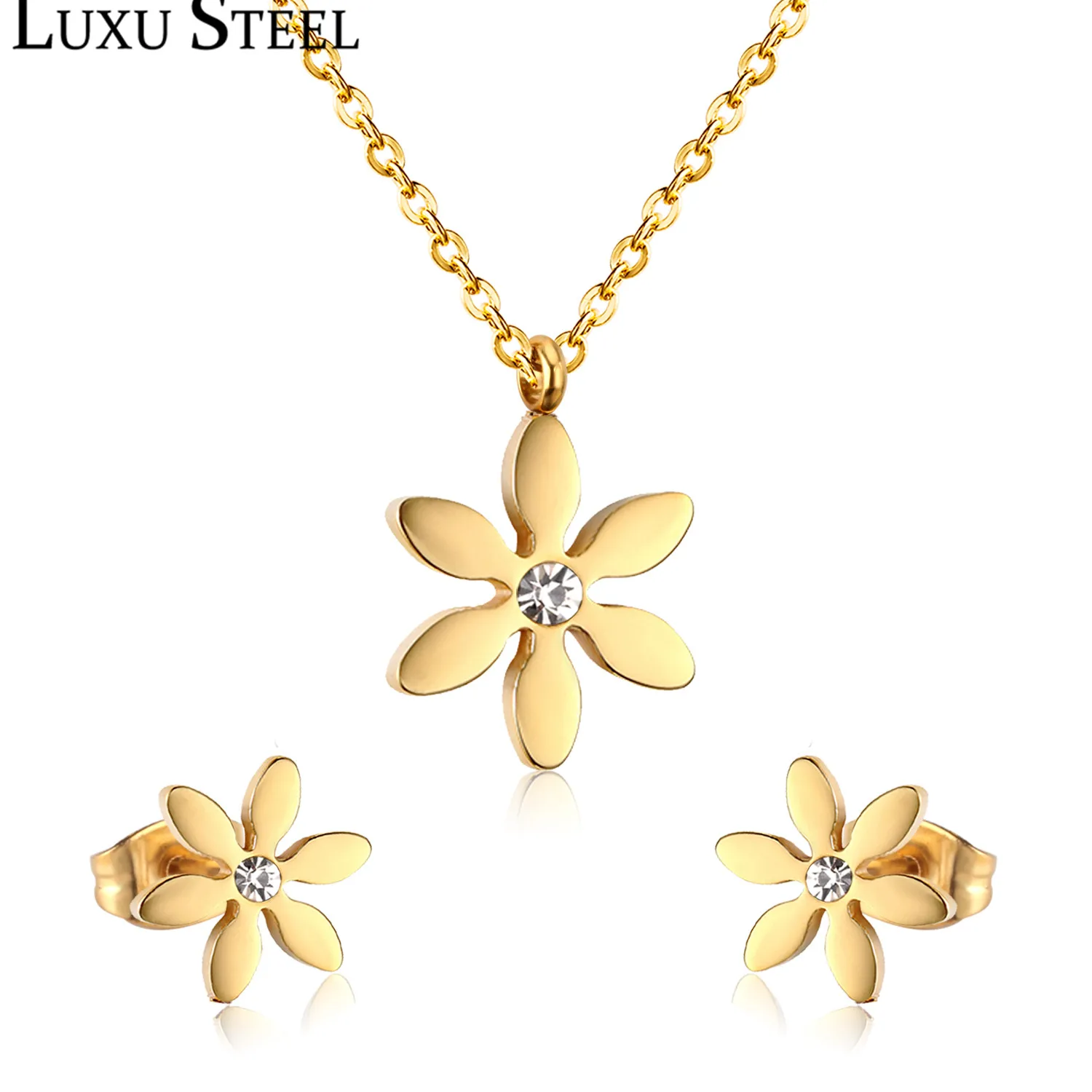 Ensemble Collier Et Boucles D'oreilles Fleur Mecool – Doré, Zircon Cubique Coloré – Alliage De Cuivre