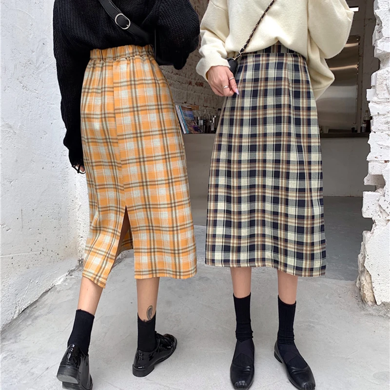 Harajuku длинные юбки женские лето осень высокая талия клетчатая юбка Женская Корейская уличная одежда размера плюс миди юбка куртка femme