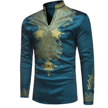 

Long Sleeve Shirt for Man Stand Collor Party Dinner Mid-Length Shirts Men's Casual African style Top New