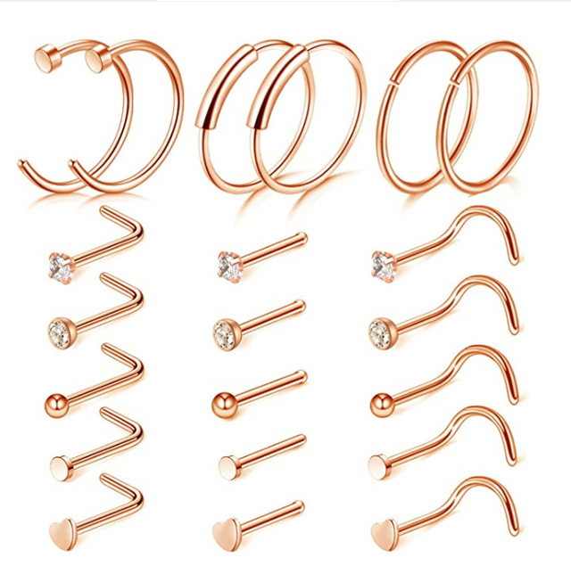 Nose Piercing Ring Nose Nails Piercing Crystal Nose Stud Pack 20G L Shape Nose Rings Set Heart Nostril Cruve L Shape