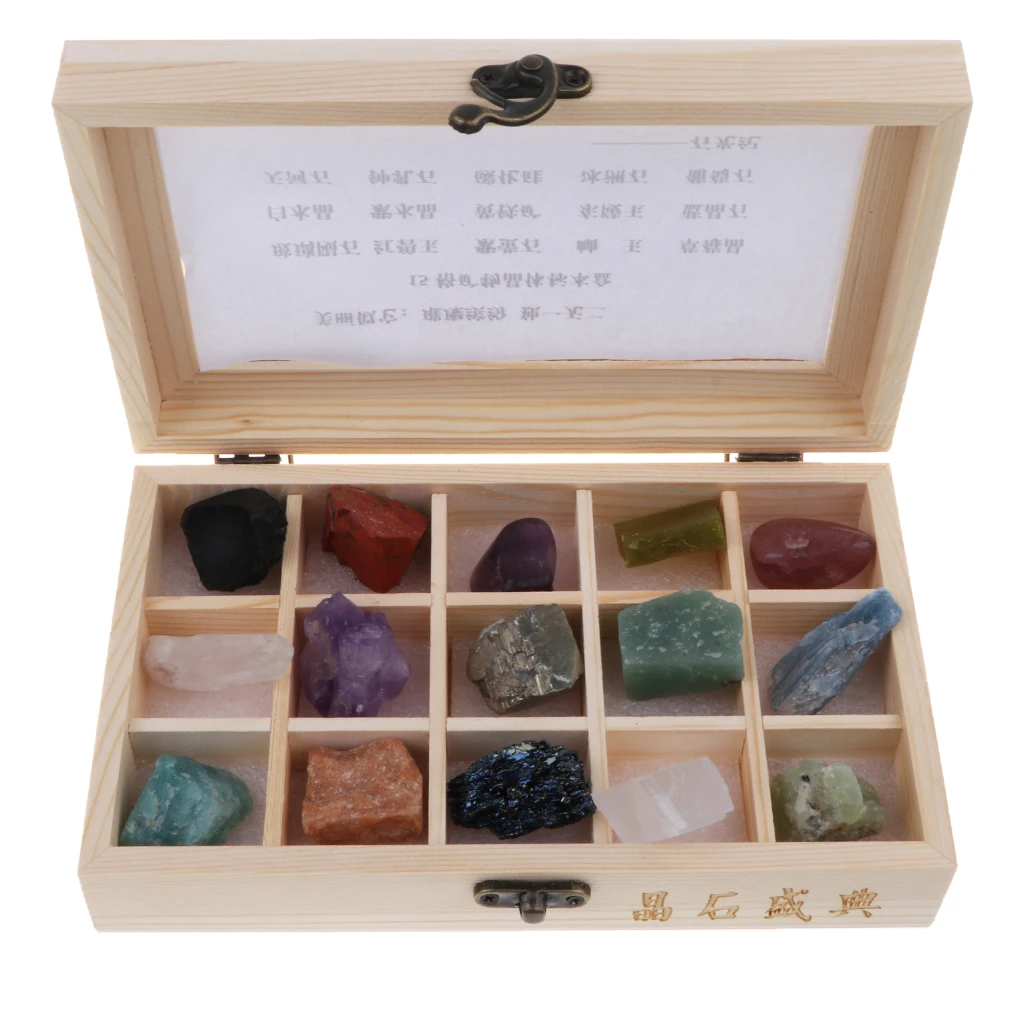 

Wooden Box 15-piece Rock Mineral Science Kit, Rock Samples for Science Classroom Study