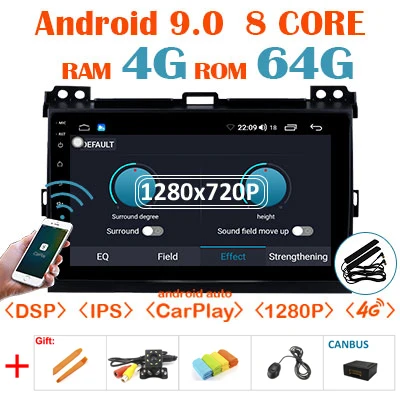 64G Android 9,0 1280*720P Carplay Авто gps радио для Toyota LAND CRUISER Prado 120 Lexus GX47 мультимедийный экран без DVD головное устройство - Color: 4G64G 1280 carplay-C