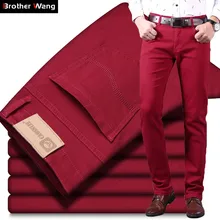 Klasyczne męskie wino czerwone jeansy Fashion Business Casual proste jeansowe spodnie ze stretchem męskie markowe spodnie tanie tanio Brother Wang CN (pochodzenie) Zipper fly Kieszenie Stałe Denim BW6505 Medium REGULAR Na co dzień Midweight Pełnej długości
