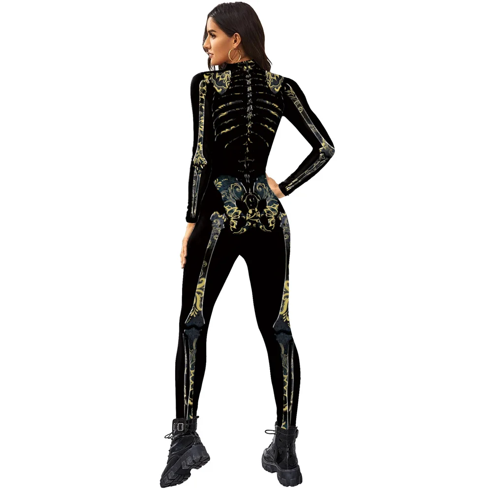 FCCEXIO Adult Halloween Cosplay Costumes Skeleton 3D Printing Bodysuits Women Sexy Slim Elastic Jumpsuit Long Sleeve Catsuit