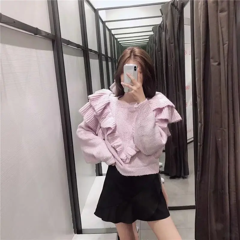 

2019 Fall Winter Women Purple Sweet Ruffles Sweater Korea Female O Neck Long Sleeve Knitted Jumpers Sweater