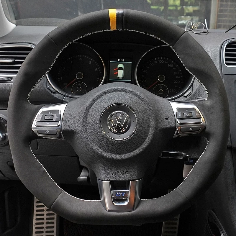 Diy Black Genuine Leather Suede Soft Car Steering Wheel Cover For