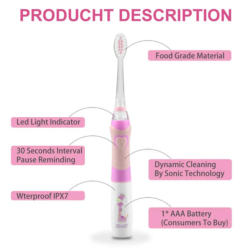 Seago Kid's Sonic Electric Toothbrush Battery Powered Colorful LED Smart Timer Tooth Brush Replaceable Dupont Brush Heads SG EK6