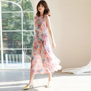

2020 Spring Oil Painting Irregular and Thin Long Tencel Dress Women