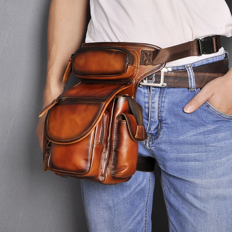 

Original Leather Men Design Casual Messenger Shoulder Sling Bag Fashion Fanny Waist Belt Pack Drop Leg Bag Pouch 3109-or