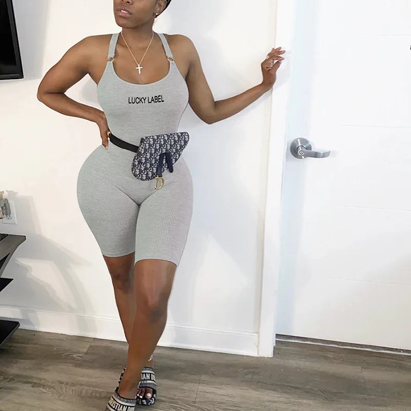 STYLISH LADY Letter Embroidery Ribbed Playsuits 2020 Summer Women Spaghetti Strap Backless Bodycon Workout Fitness Jumpsuits STYLISH LADY Letter Embroidery Ribbed Playsuits 2020 Summer Women Spaghetti Strap Backless Bodycon Workout Fitness Jumpsuits