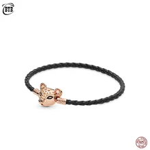 Аутентичный 925 пробы Серебряный сверкающий Лев принцесса тканые кожаные Амулеты Браслет Подходит для европейских оригинальных браслетов женские ювелирные изделия