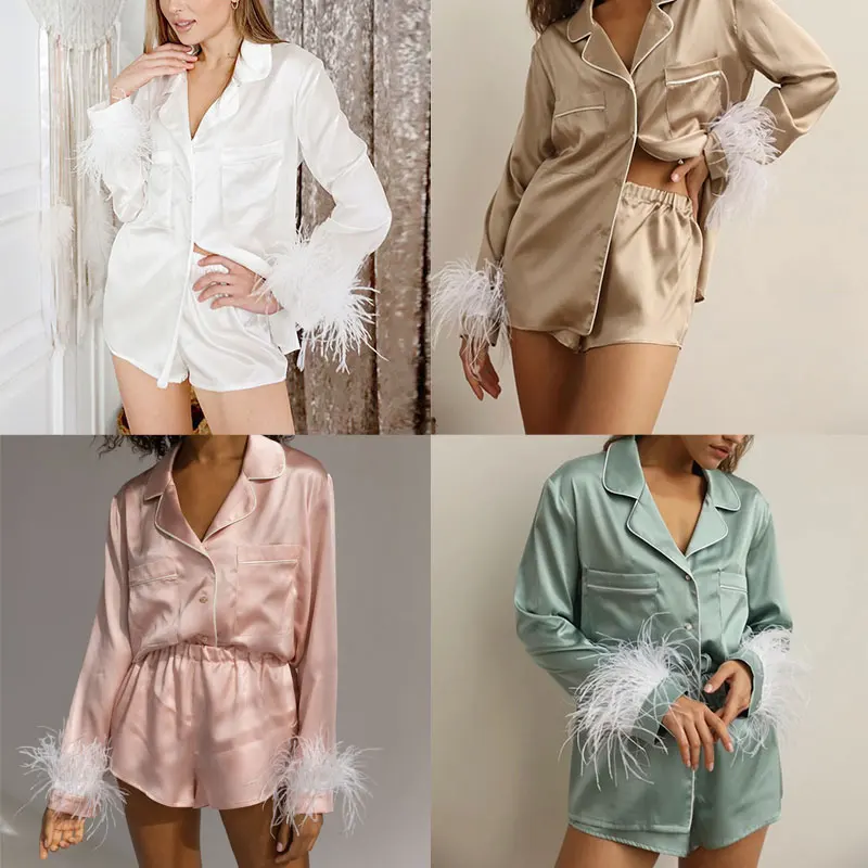 Pigiama Donna Seta in Raso Pigiama Donna Estivo Corto Scollo a V con Bottoni Due Pezzi Maniche Corte e Pantaloncini Elegante Relax per Casa