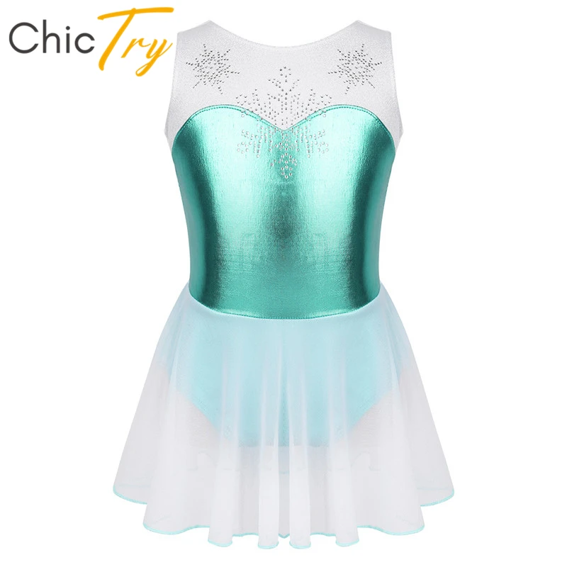 

ChicTry Kids Dance Costume Shiny Rhinestones Snowflake Metallic Sleeveless Ballet Gymnastics Leotard Girls Figure Skating Dress
