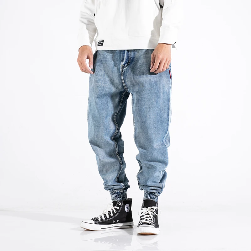 Fashion Streetwear Men Jeans Blue Spliced Designer Loose Fit Denim Cargo Pants Harem Jeans Streetwear Hip 3