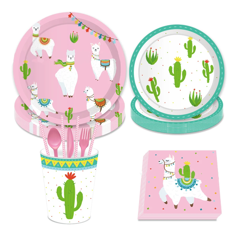 Кактус лама вечерние скатерти одноразовая посуда Альпака бумажные тарелки и стаканы дети день рождения, детский душ вечерние украшения